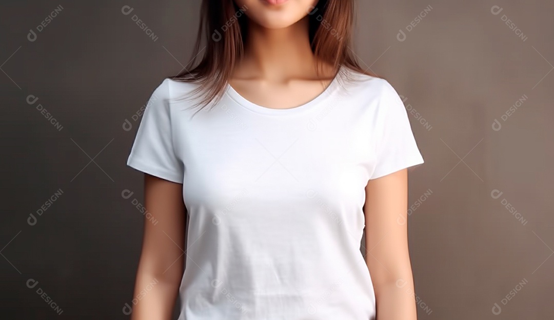 Mulher usando camisa branca sobre fundo marrom.