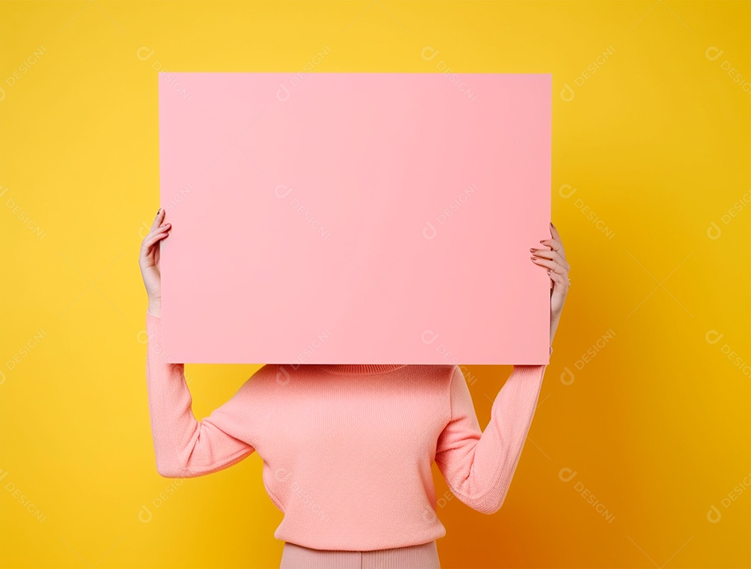 Pessoa segurando cartaz rosa sobre o rosto em um fundo amarelo .