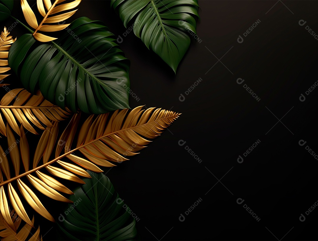 Fundo escuro com folhas verdes e douradas.