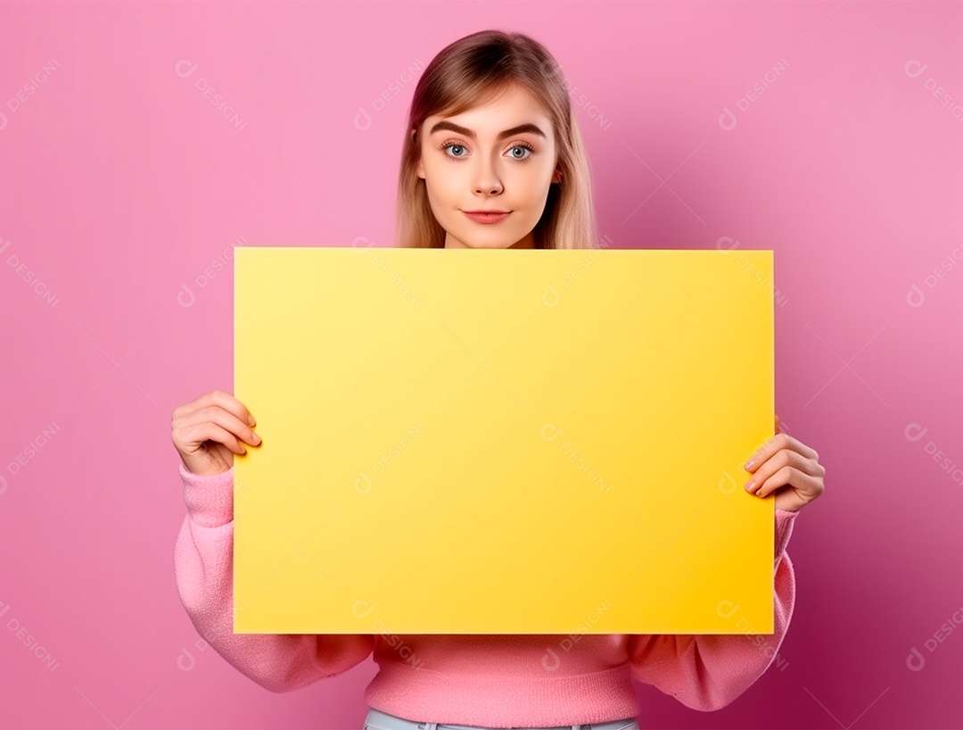 Mulher loira segurando cartaz amarelo sobre fundo rosa.