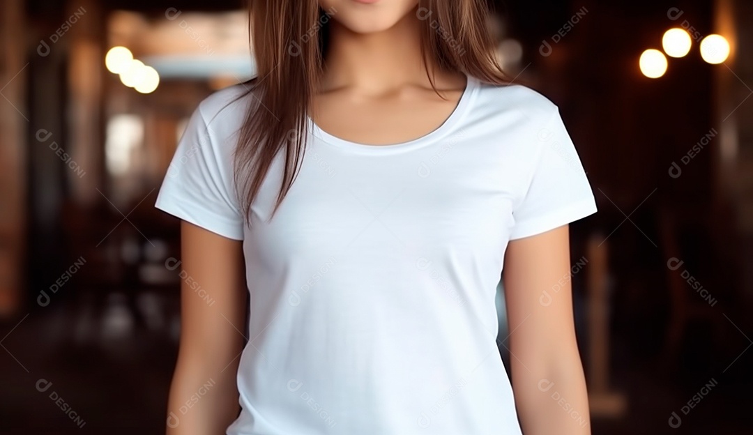 Mulher usando camisa branca sobre fundo desfocado.