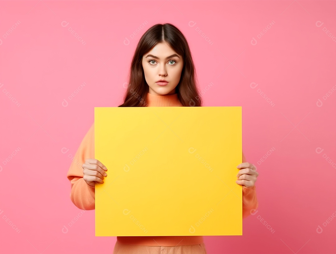 Mulher segurando cartaz amarelo sobre fundo isolado rosa.