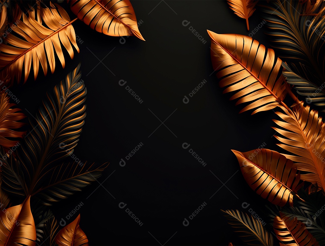 Fundo escuro com folhas pretas e douradas.