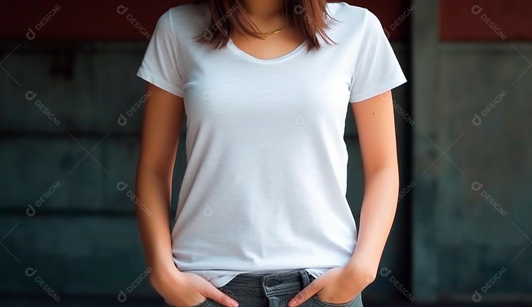 Mulher usando camisa básica branca.