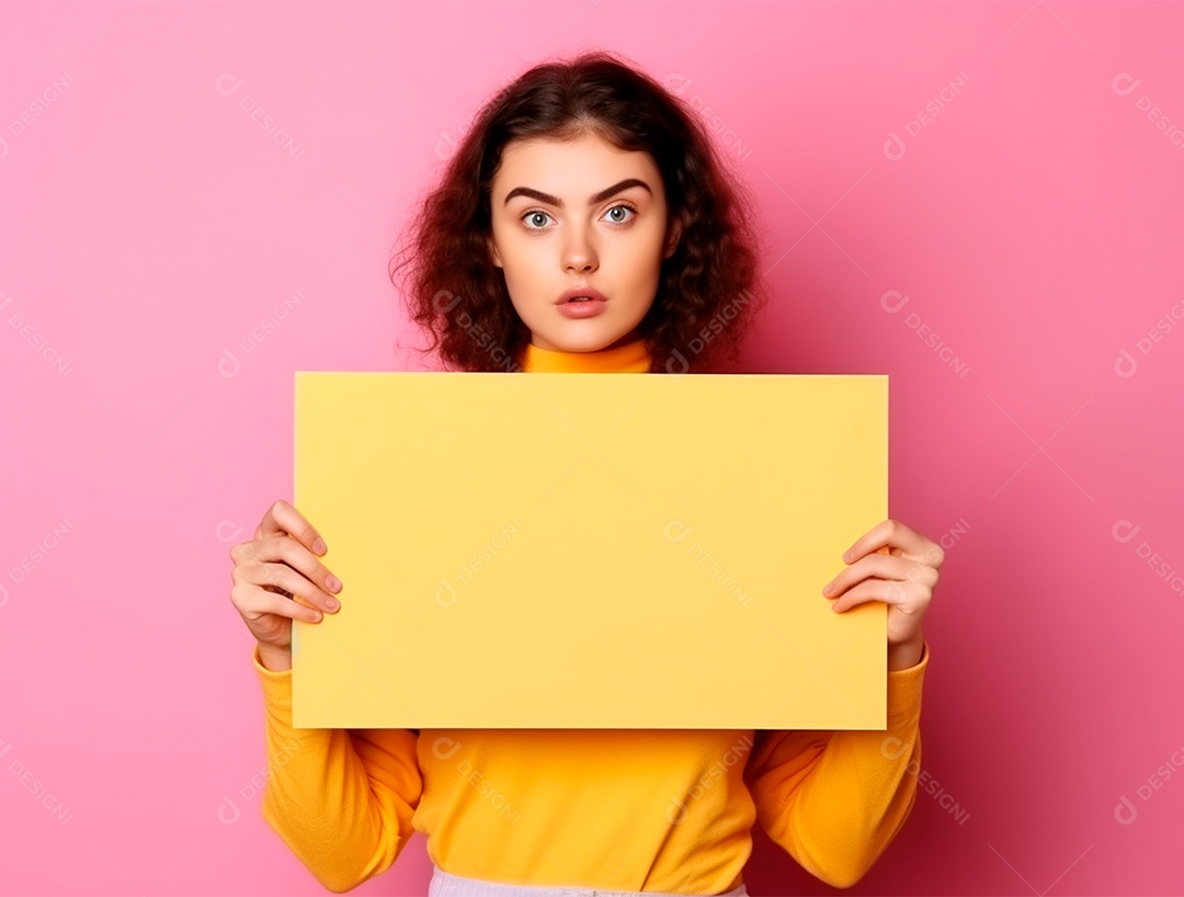 Mulher segurando cartaz amarelo sobre fundo isolado rosa.