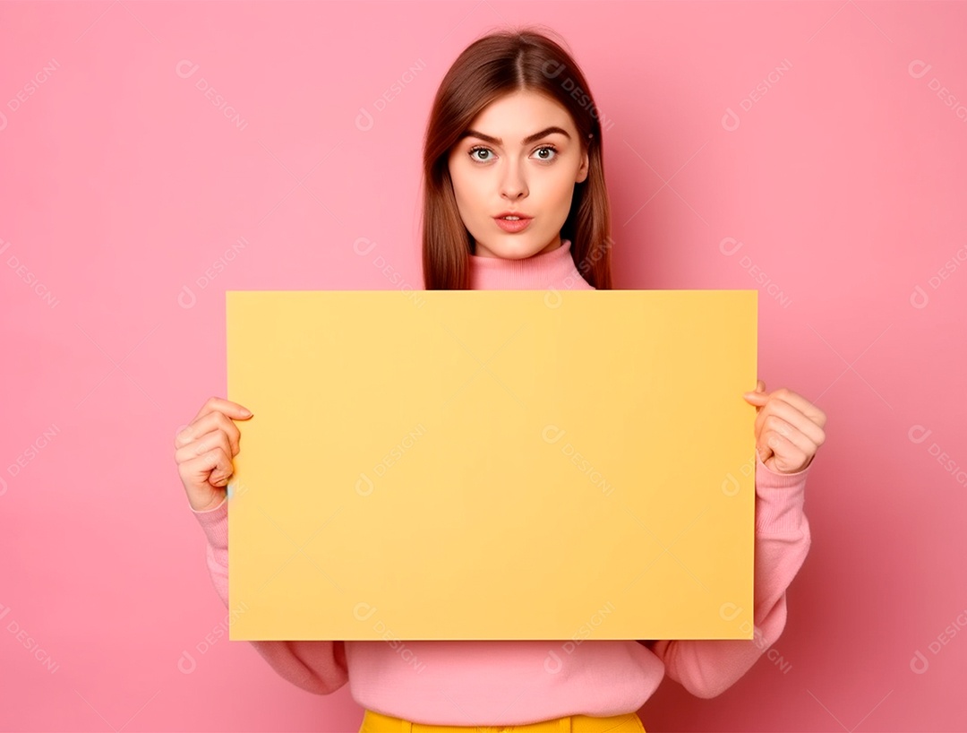 Mulher segurando cartaz amarelo sobre fundo isolado rosa.