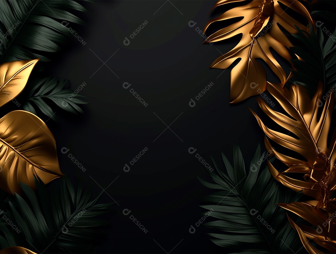 Fundo escuro com folhas pretas e douradas.