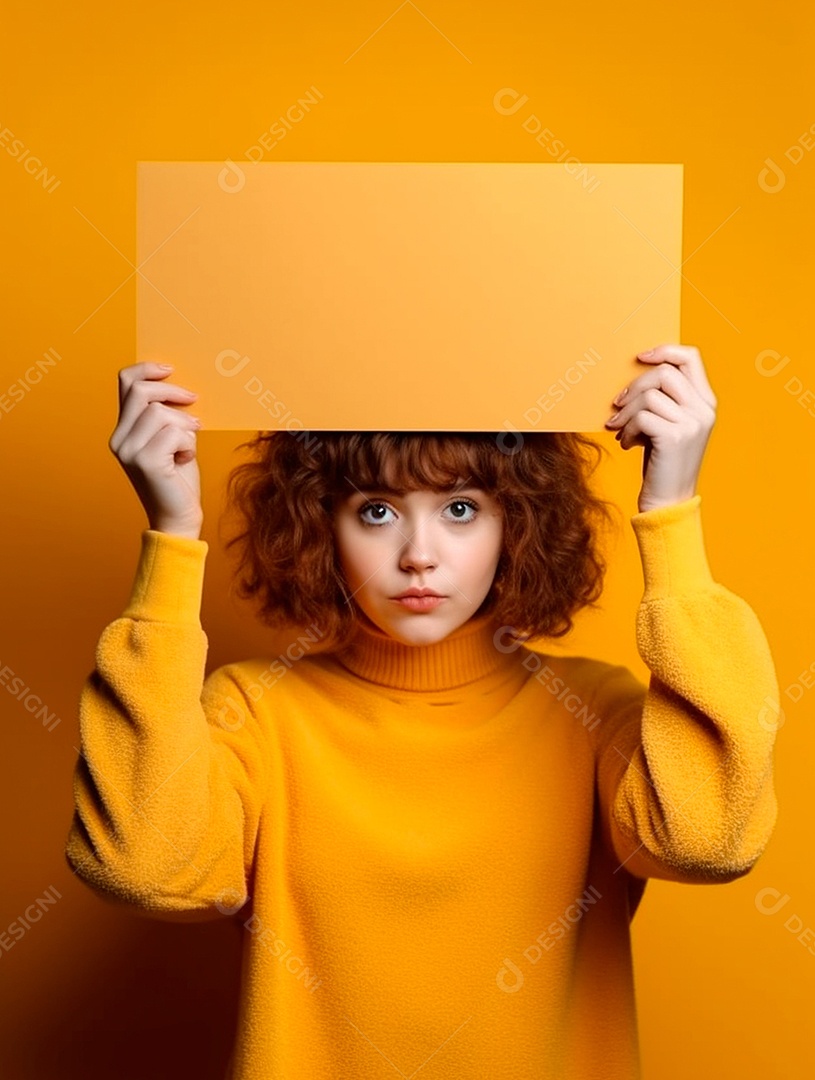 Mulher ruiva segurando cartaz sobre fundo isolado amarelo.