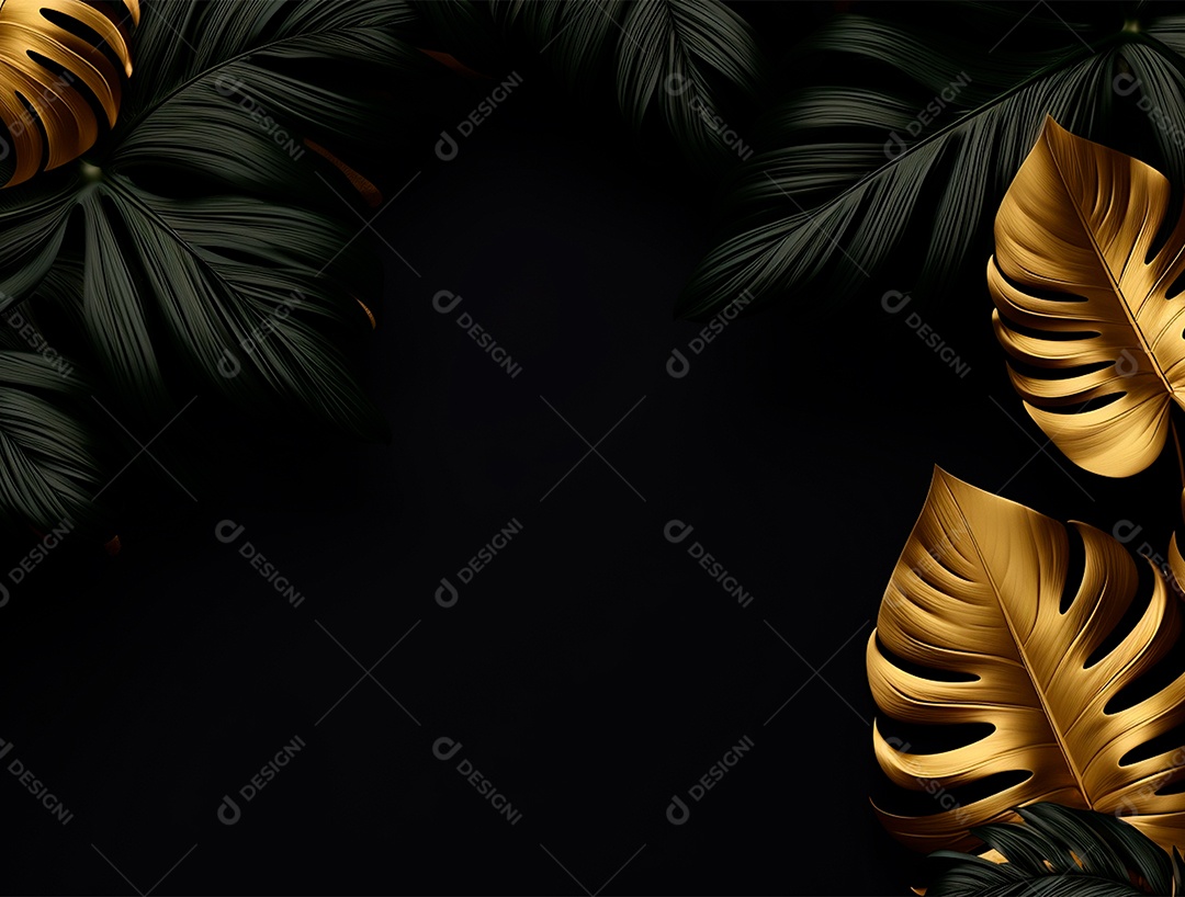 Fundo escuro com folhas pretas e douradas.