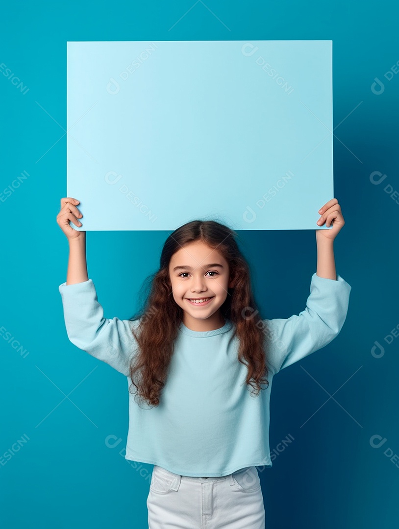 Criança segurando cartaz sobre fundo isolado azul.