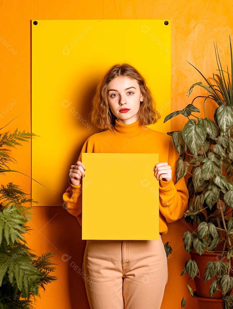 Mulher segurando cartaz sobre um fundo amarelo com plantas.