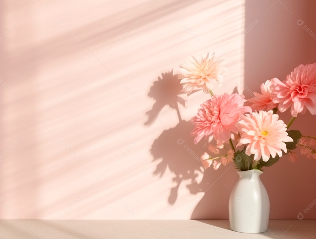 Jarro de flores sobre fundo branco.