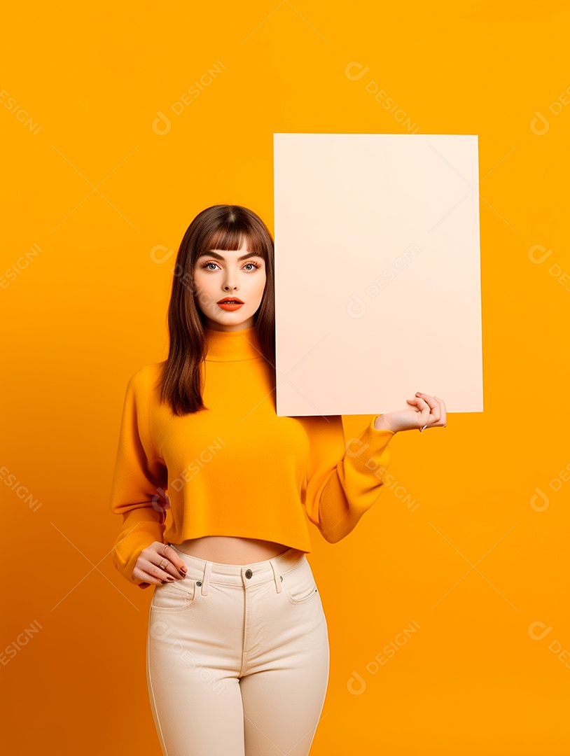 Mulher ruiva segurando cartaz em branco sobre fundo amarelo.