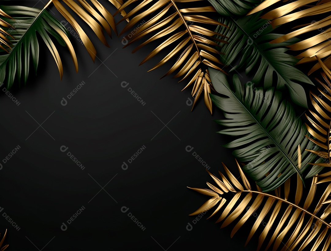 Fundo escuro com folhas verdes e douradas.