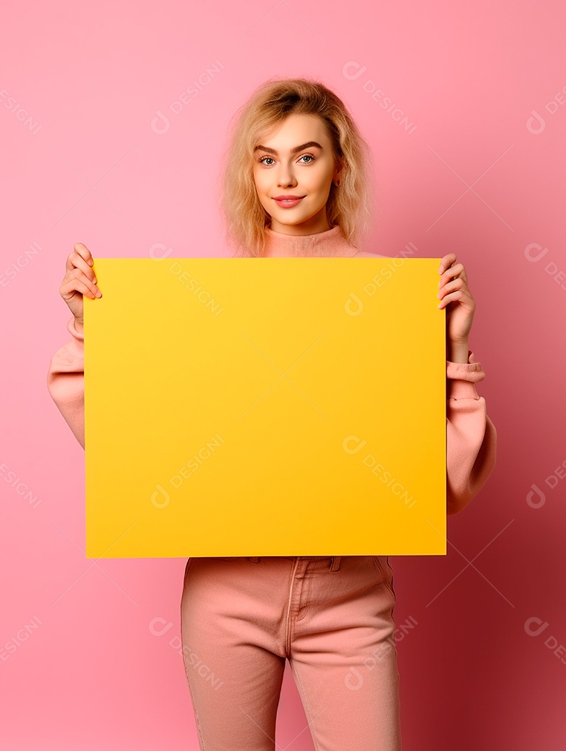 Mulher loira segurando cartaz em branco sobre um fundo rosa.