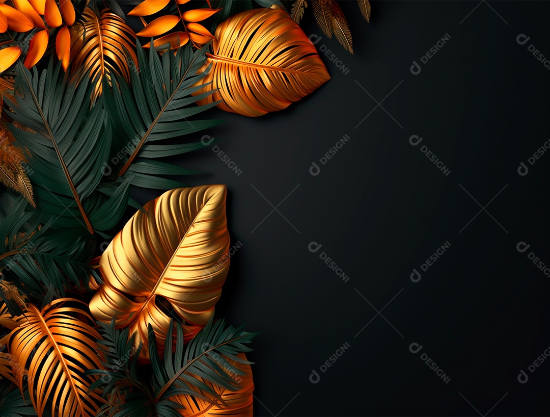 Fundo escuro sobre folhas douradas e verdes.
