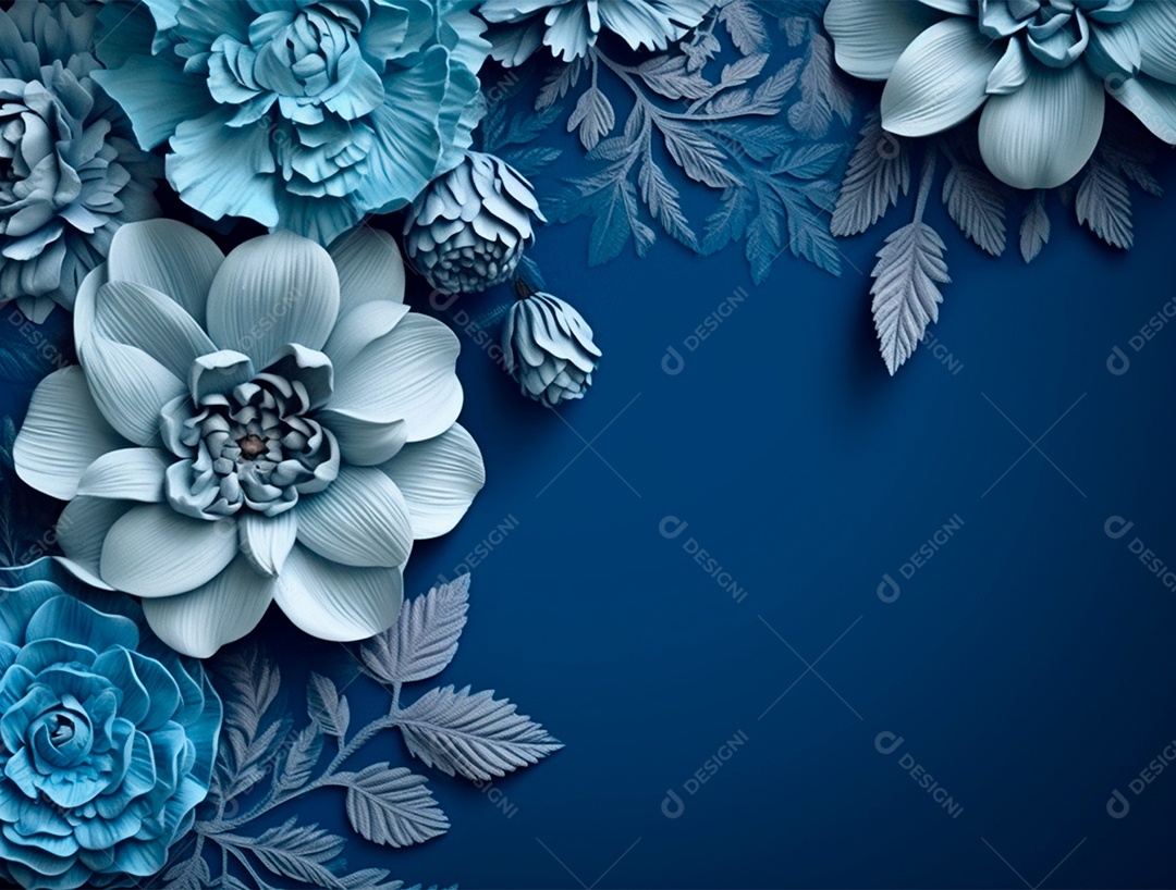Rosas e folhas sobre fundo isolado azul.