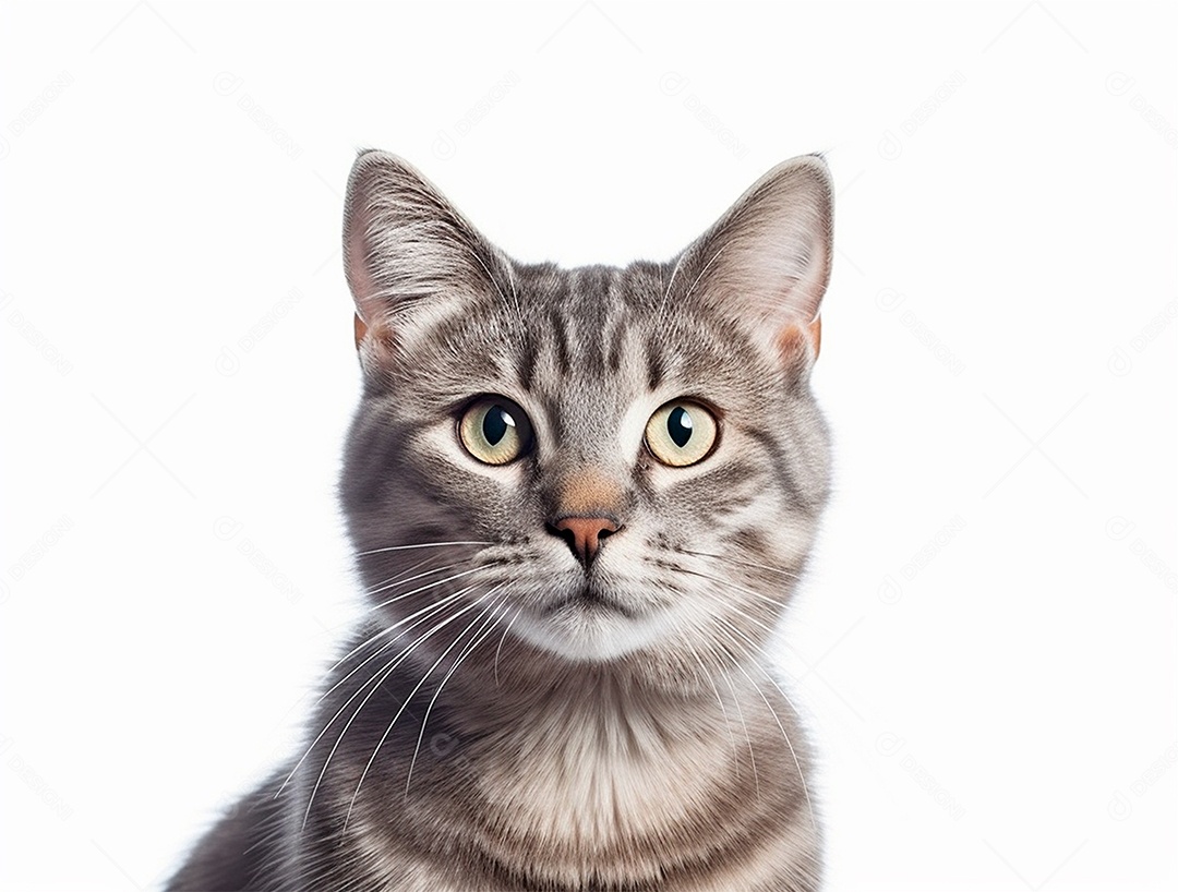 Gato cinza sobre fundo branco.