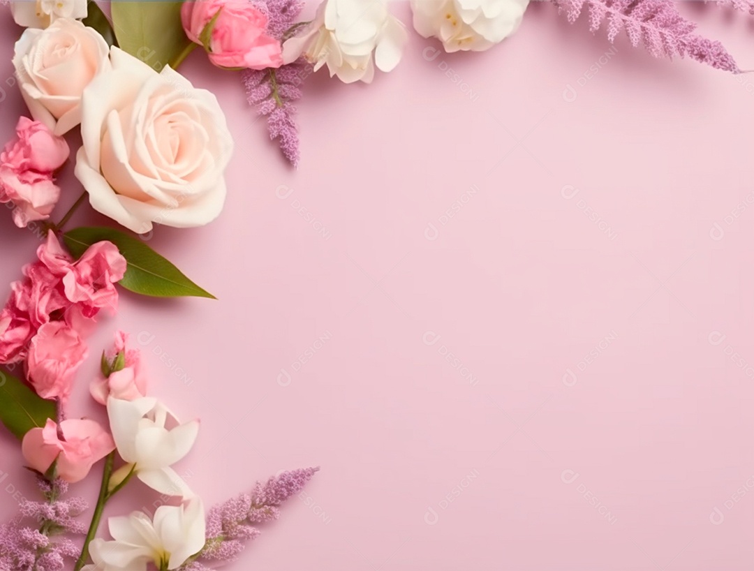 Flores e rosas sobre fundo rosa.