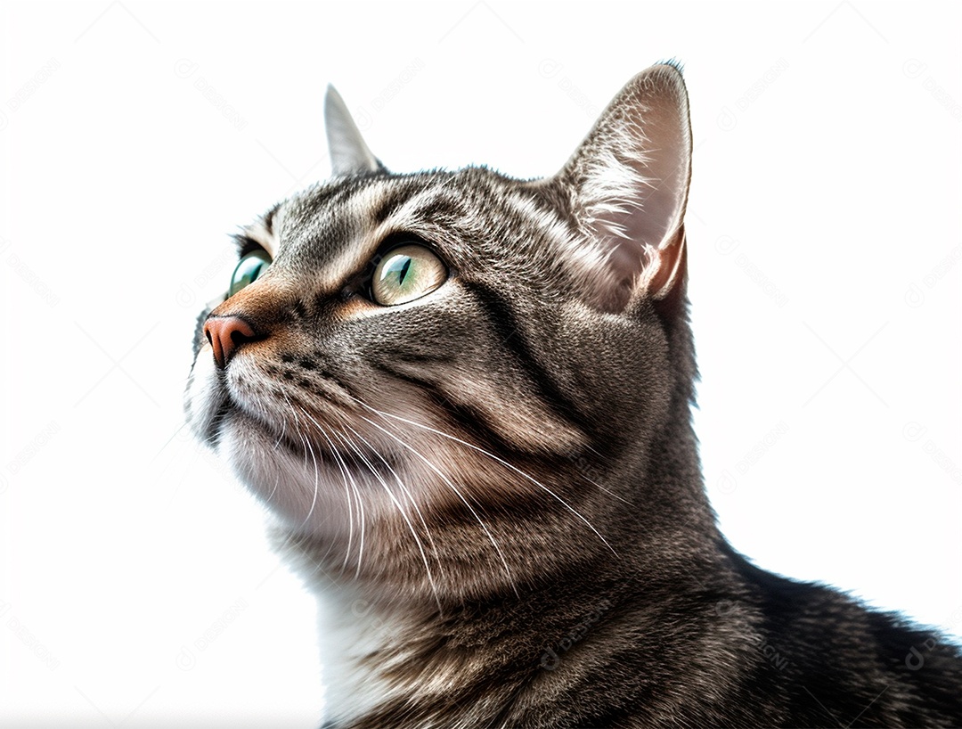 Gato cinza sobre fundo branco.