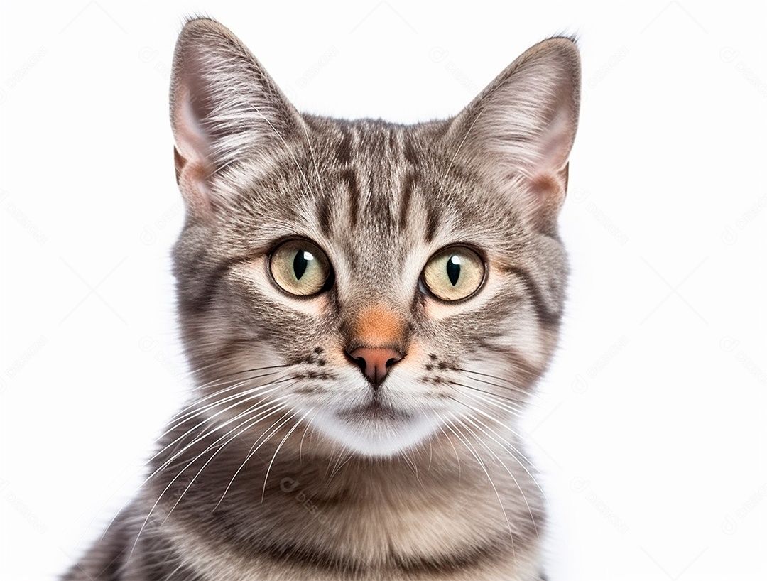 Gato cinza sobre fundo isolado branco.