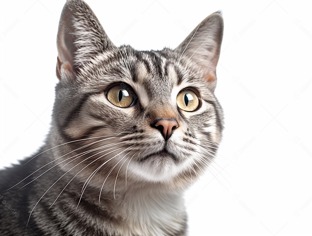 Gato cinza sobre fundo isolado branco.