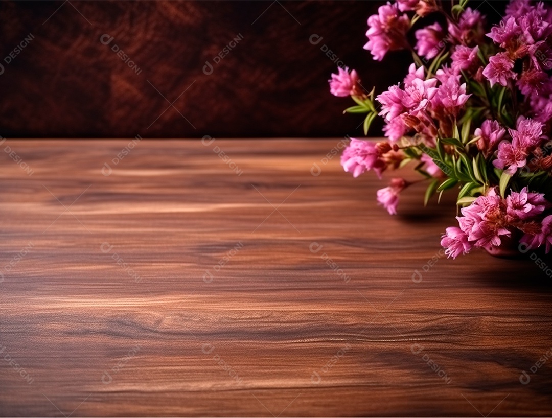 Buquê de flores rosas sobre uma mesa de madeira