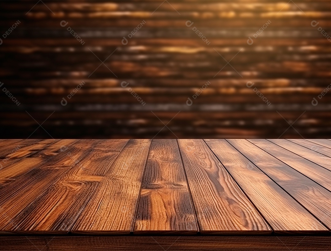 Tampo de mesa de madeira envernizado vazia sobre fundo desfocado.