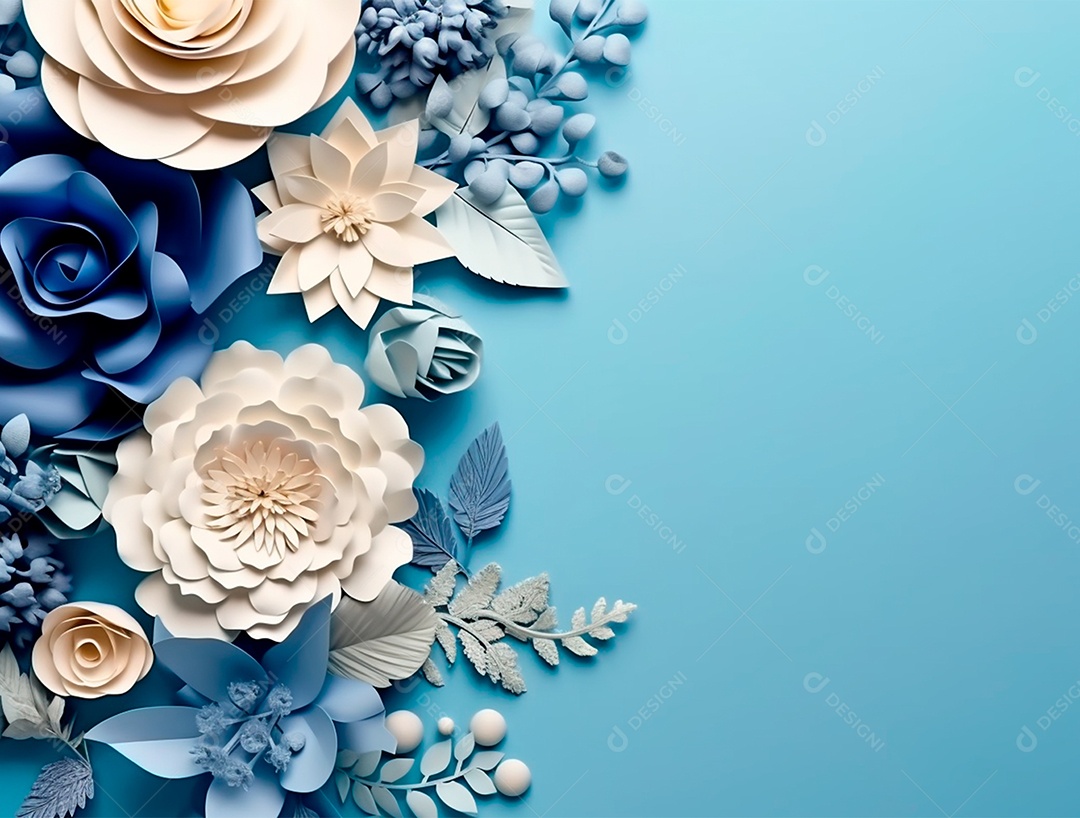Flores e rosas sobre fundo azul.