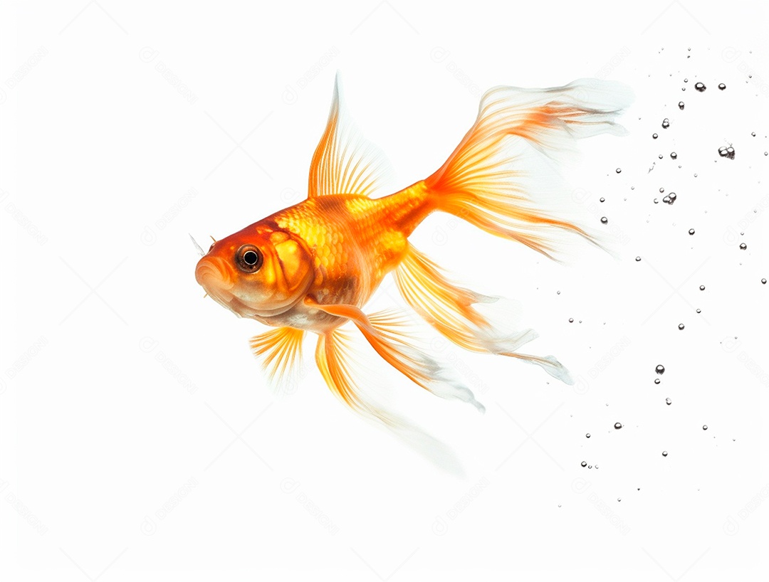 Um peixinho dourado nadando em torno de bolhas