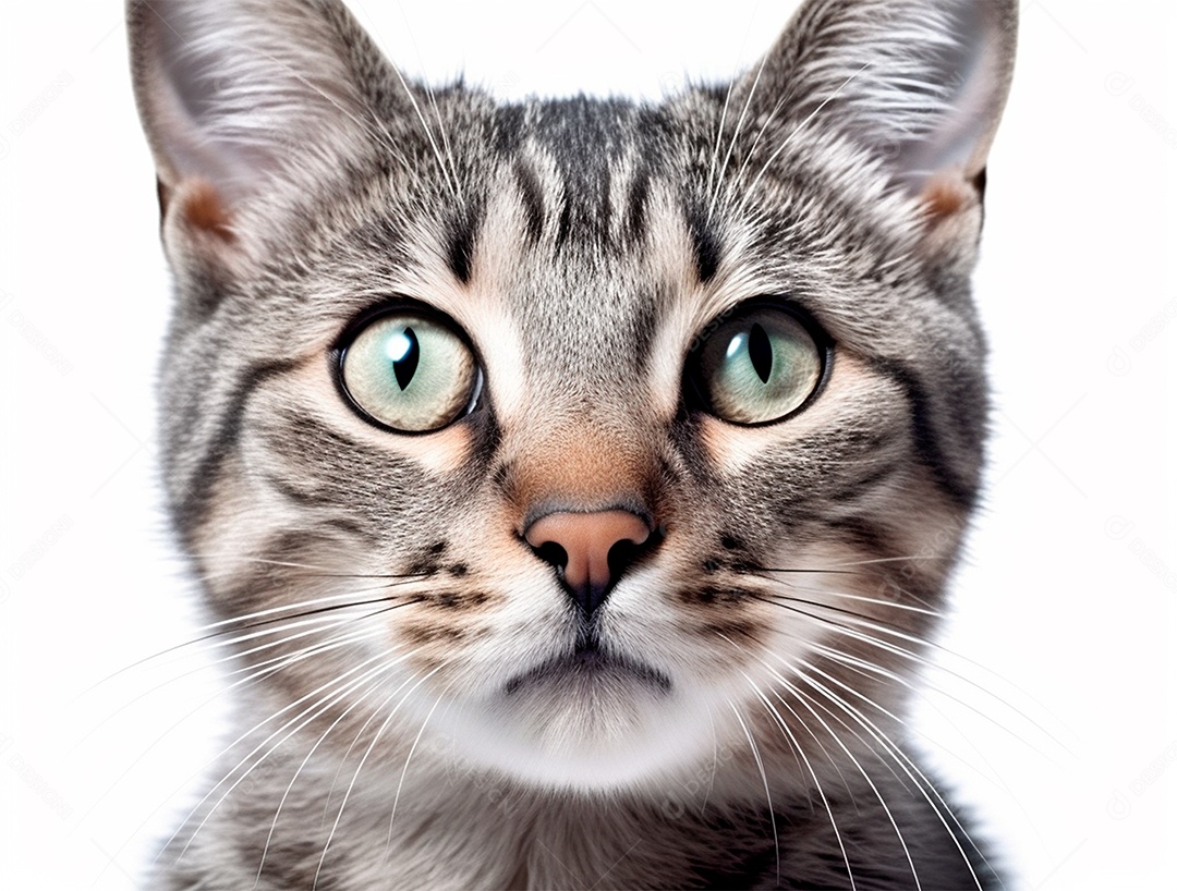 Gato cinza com listras pretas e olhos verdes, sobre fundo isolado branco.