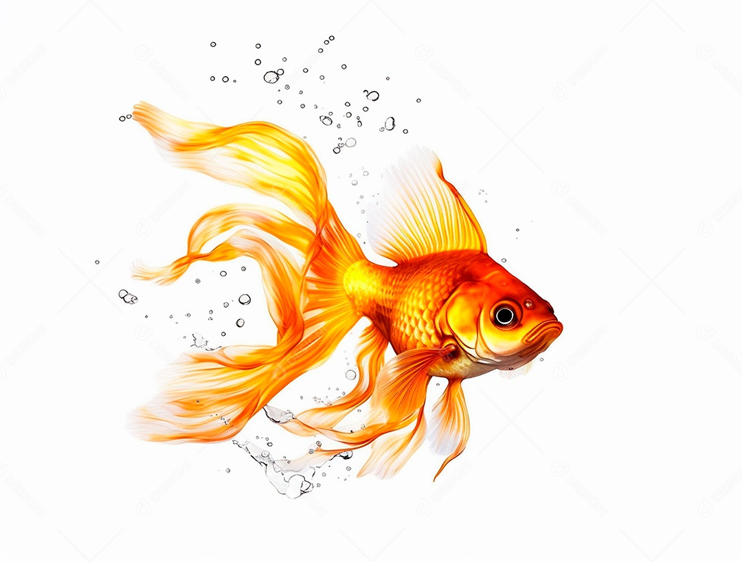 Um peixinho dourado nadando em torno de bolhas