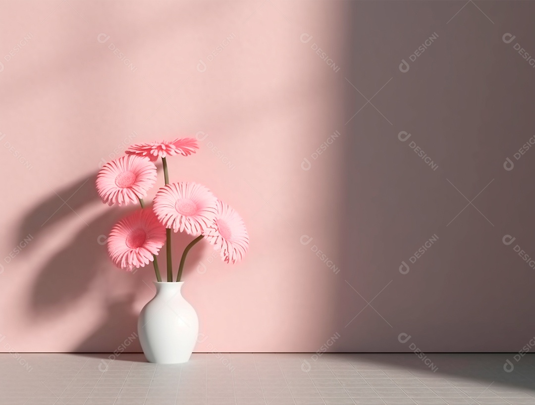 Vaso branco de flores sobre fundo isolado rosa.