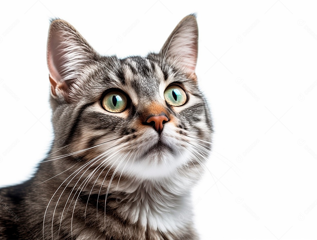 Gato cinza olhando para cima sobre fundo isolado branco.