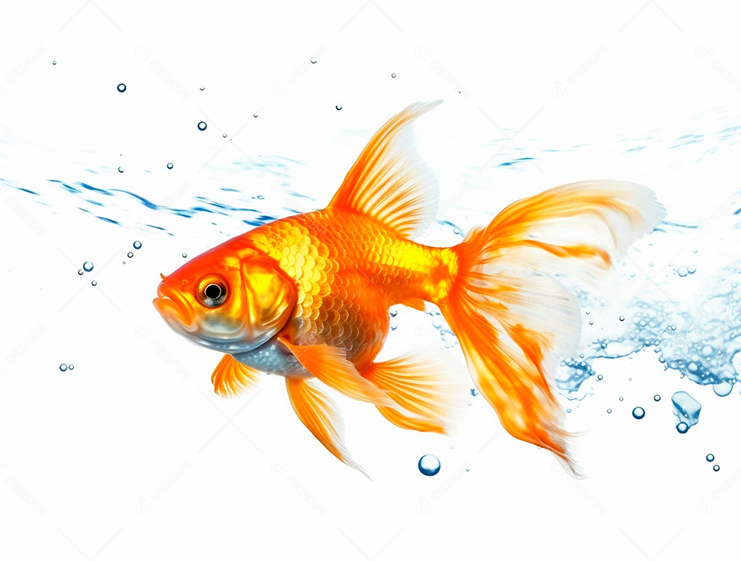 Um peixinho dourado nadando em torno de bolhas