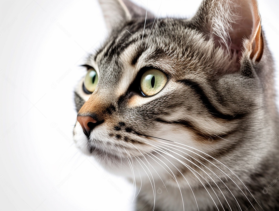 Gato cinza sobre fundo isolado branco.