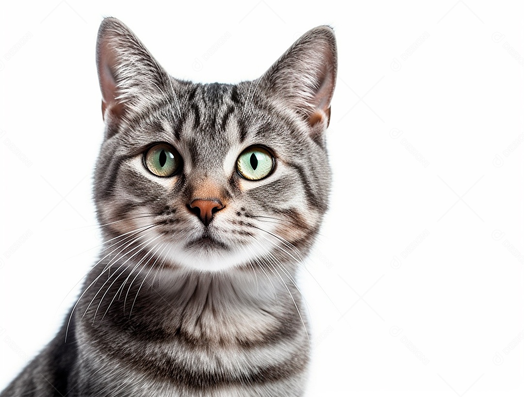 Gato cinza sobre fundo isolado branco.