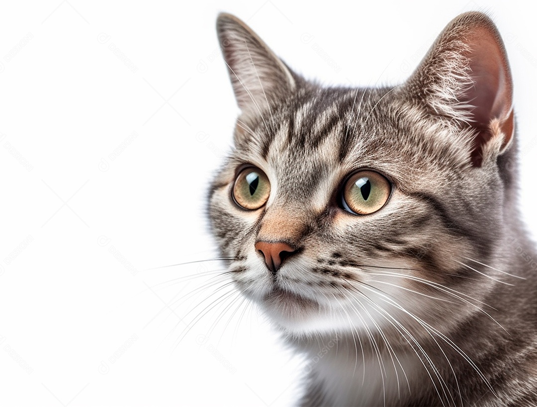 Gato cinza sobre fundo isolado branco.