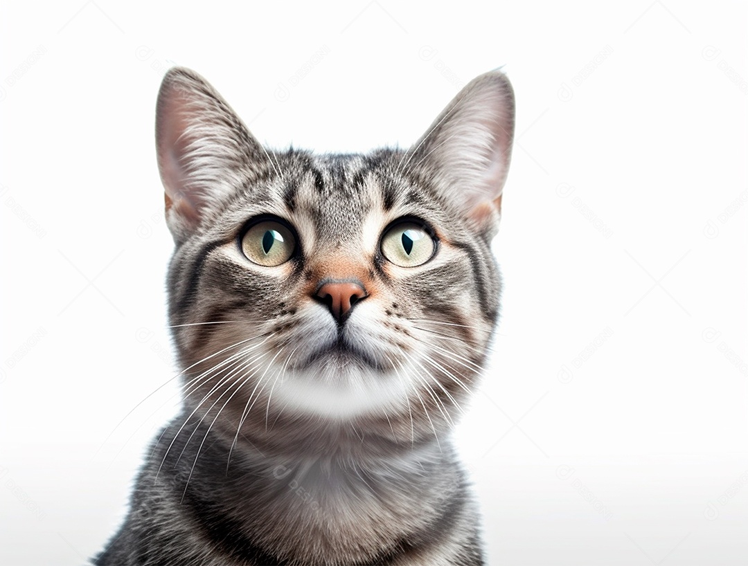 Gato cinza olhando para cima sobre fundo isolado branco.