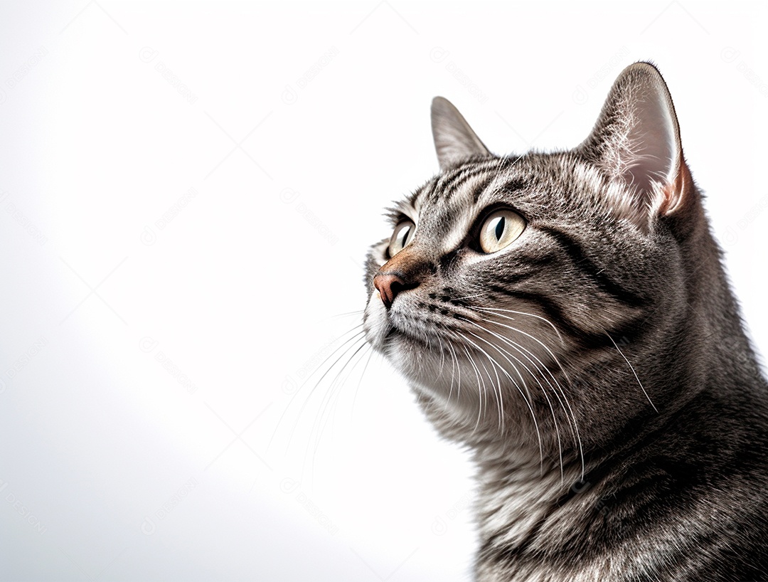 Gato cinza olhando para cima sobre fundo isolado branco.