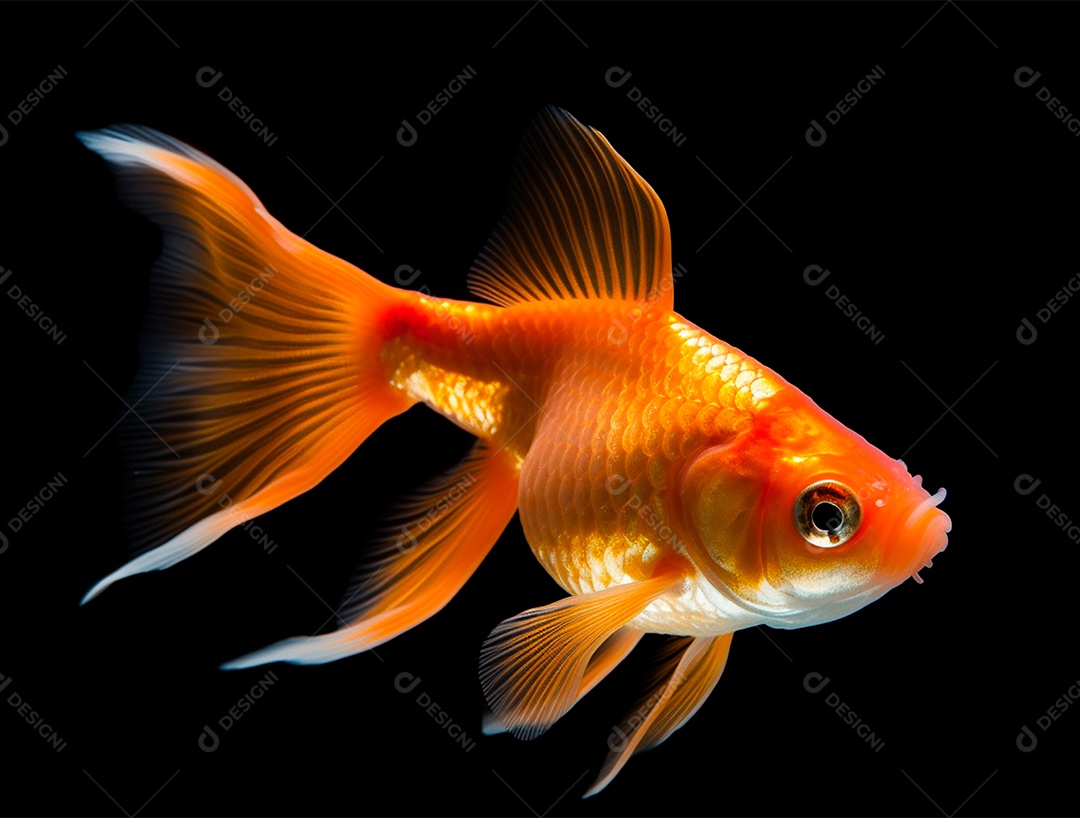 Peixe dourado em fundo preto.