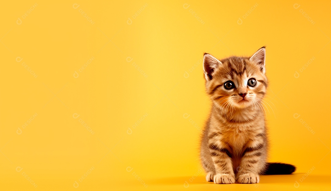 Gatinho fofo sentado sobre fundo isolado amarelo.