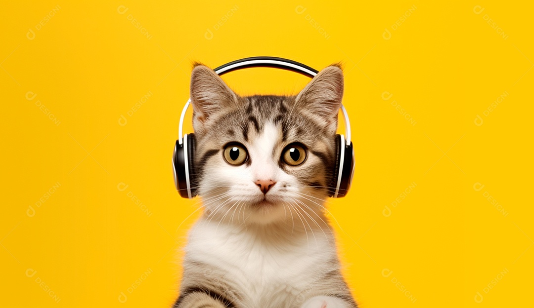 Gato com fone de ouvido sobre fundo isolado amarelo.