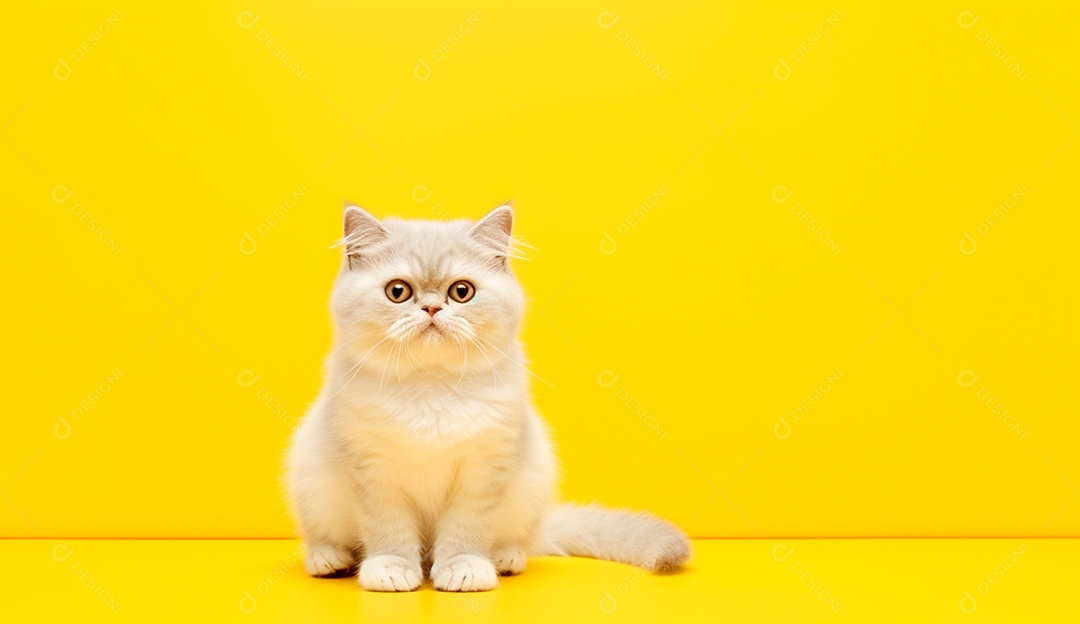 Gatinho fofinho sentado sobre fundo amarelo.