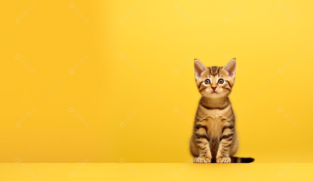 Gatinho fofo sentado sobre fundo isolado amarelo.