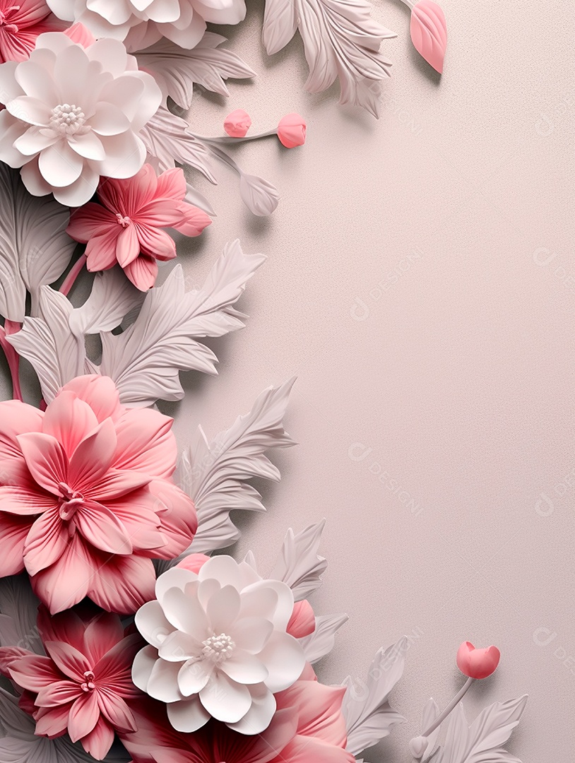 Flores e folhas sobre fundo rosa.