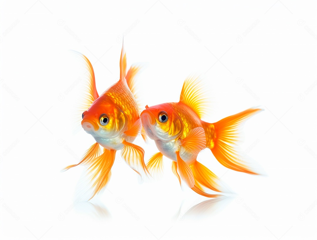 Dois peixes dourados sobre fundo isolado branco.