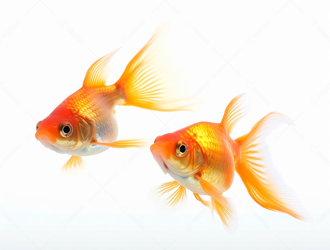Dois peixinhos dourados sobre fundo isolado branco.