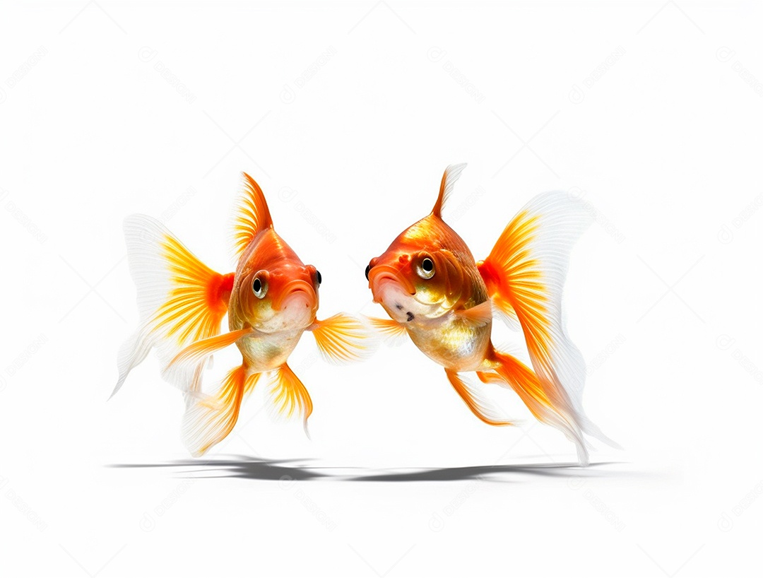 Dois peixinhos dourados sobre fundo isolado branco.