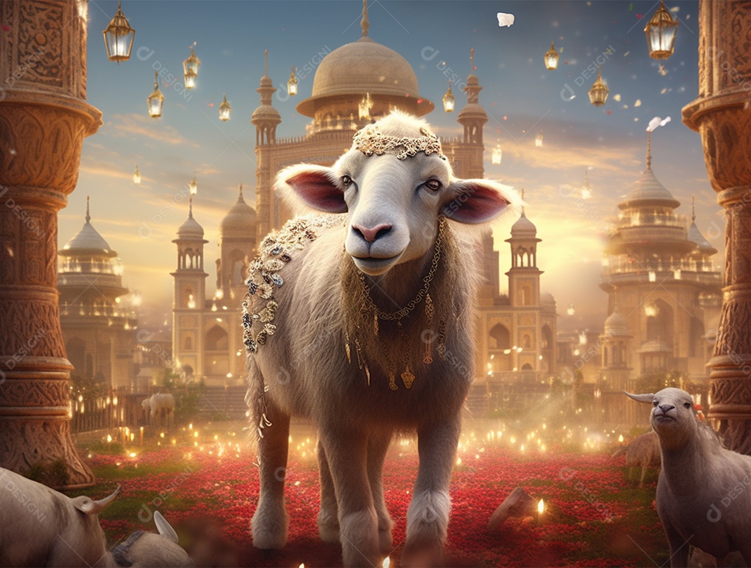 Cordeiros sobre um fundo com varias mesquitas.